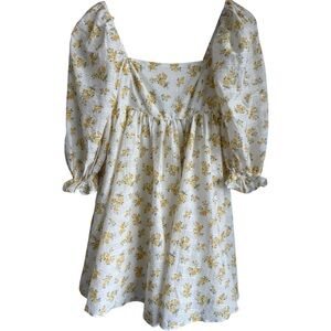 STORIA | Floral Babydoll Mini Dress 3/4 Puff Sleeves Spring Ivory Yellow Small